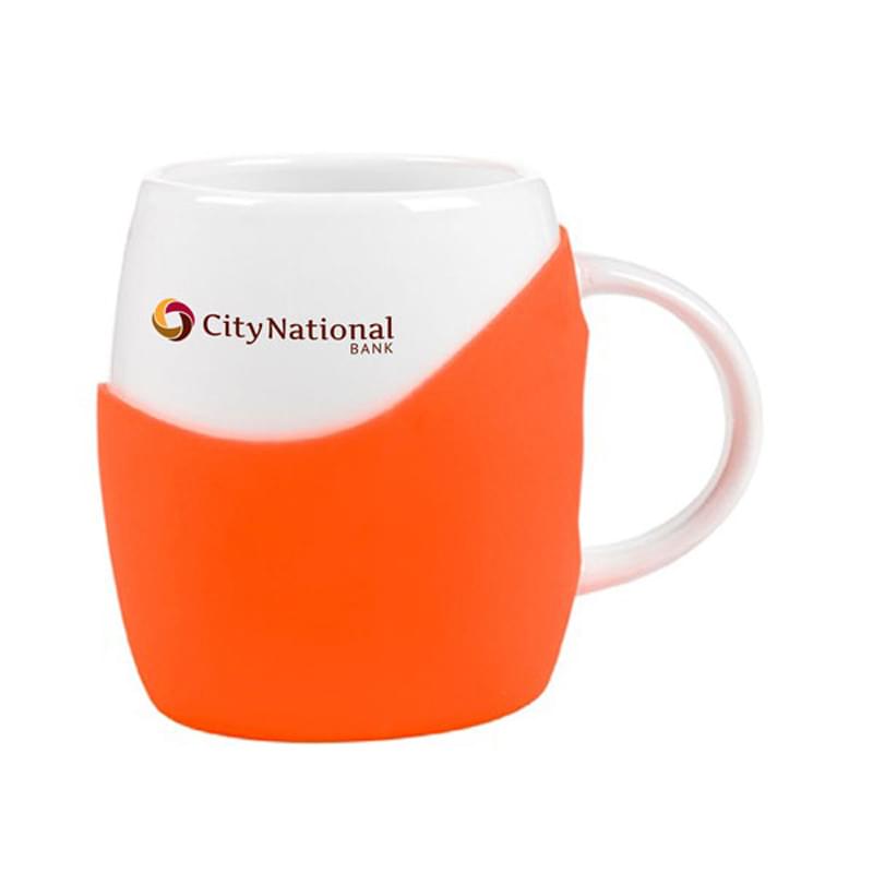14 Oz. Rotunda white ceramic mug with colorful includes silicone grip
