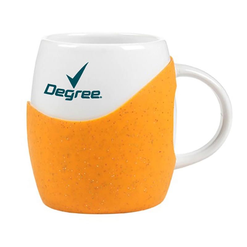 14 Oz. Rotunda white ceramic mug with colorful includes silicone grip