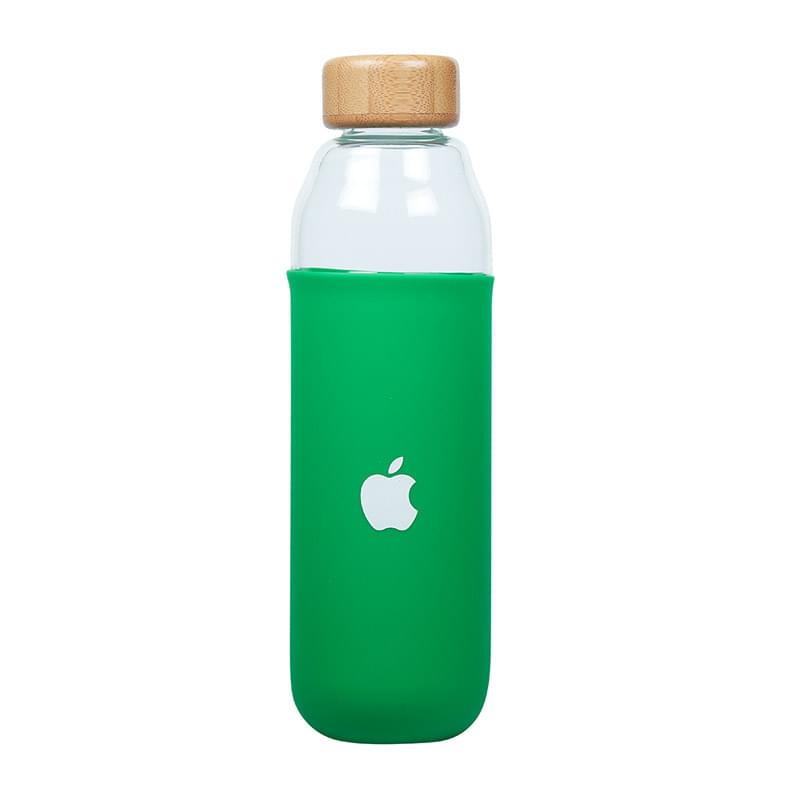 18 oz. Lucerne single wall borosilicate glass bottle with threaded bamboo lid and silicone sleeve