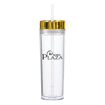 14 oz double wall tumbler with metallic lid and clear straw	